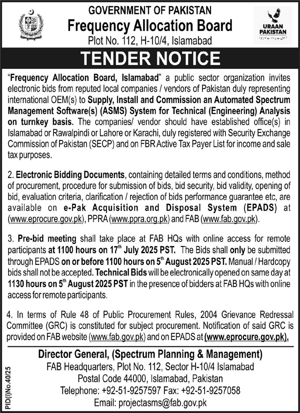 Frequency Allocation Board Islamabad Tender Notice